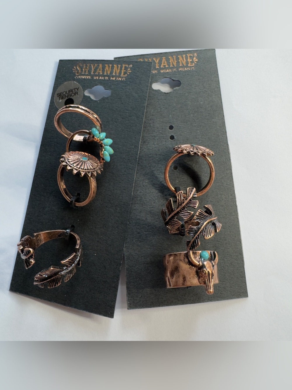 Size 7/8 Shyanne Copper-Tone Feather & Turquoise Accent Ring Set - Turquoise